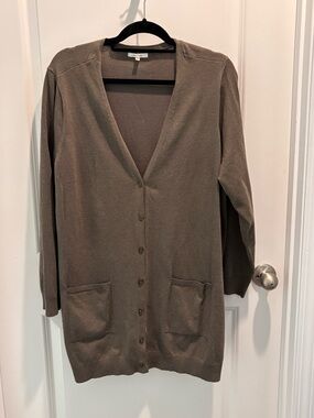 Maurices Long V-Neck Button Cardigan in dark green/grey